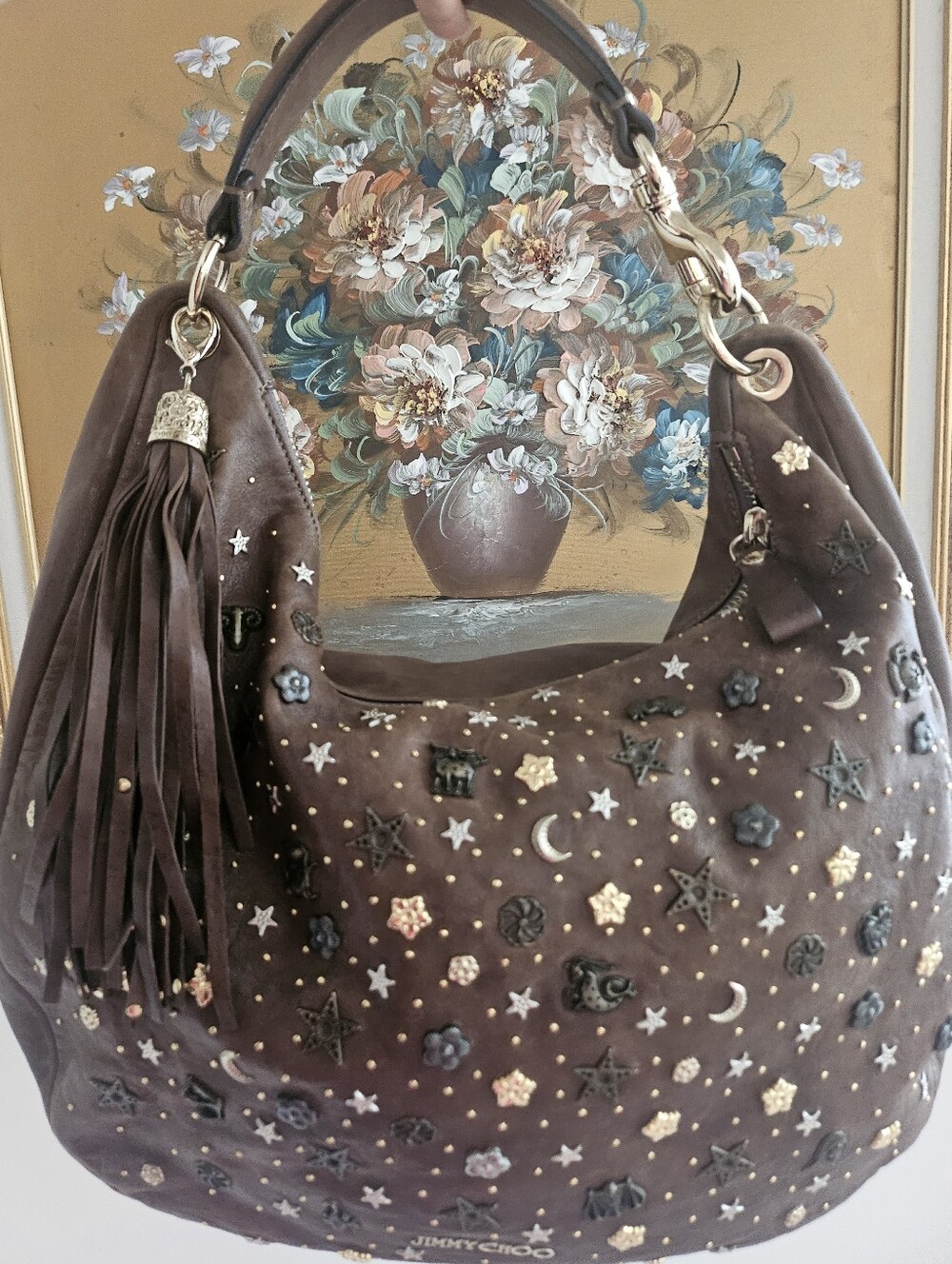 Jimmy Choo Studded Sky Zodiac Hobo Bag Brown Vitello Leather W/Orig. COA #00KE4C